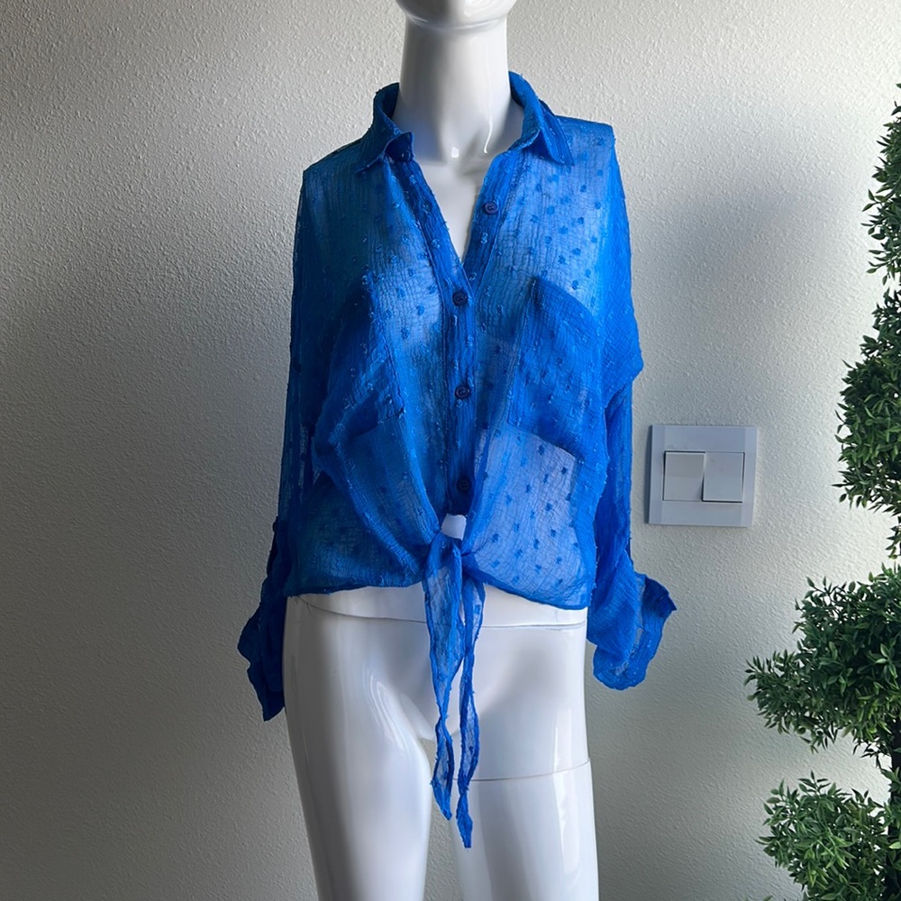 ANGIE BLUE SHEER SHIRT TOP BLOUSE SIZE S